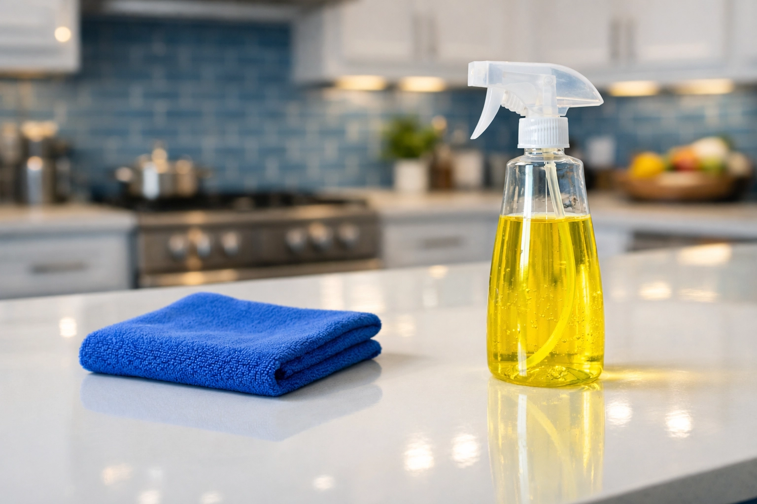 Eco-friendly cleaning supplies on a residue-free kitchen counter for deep cleaning in Marlborough MA.