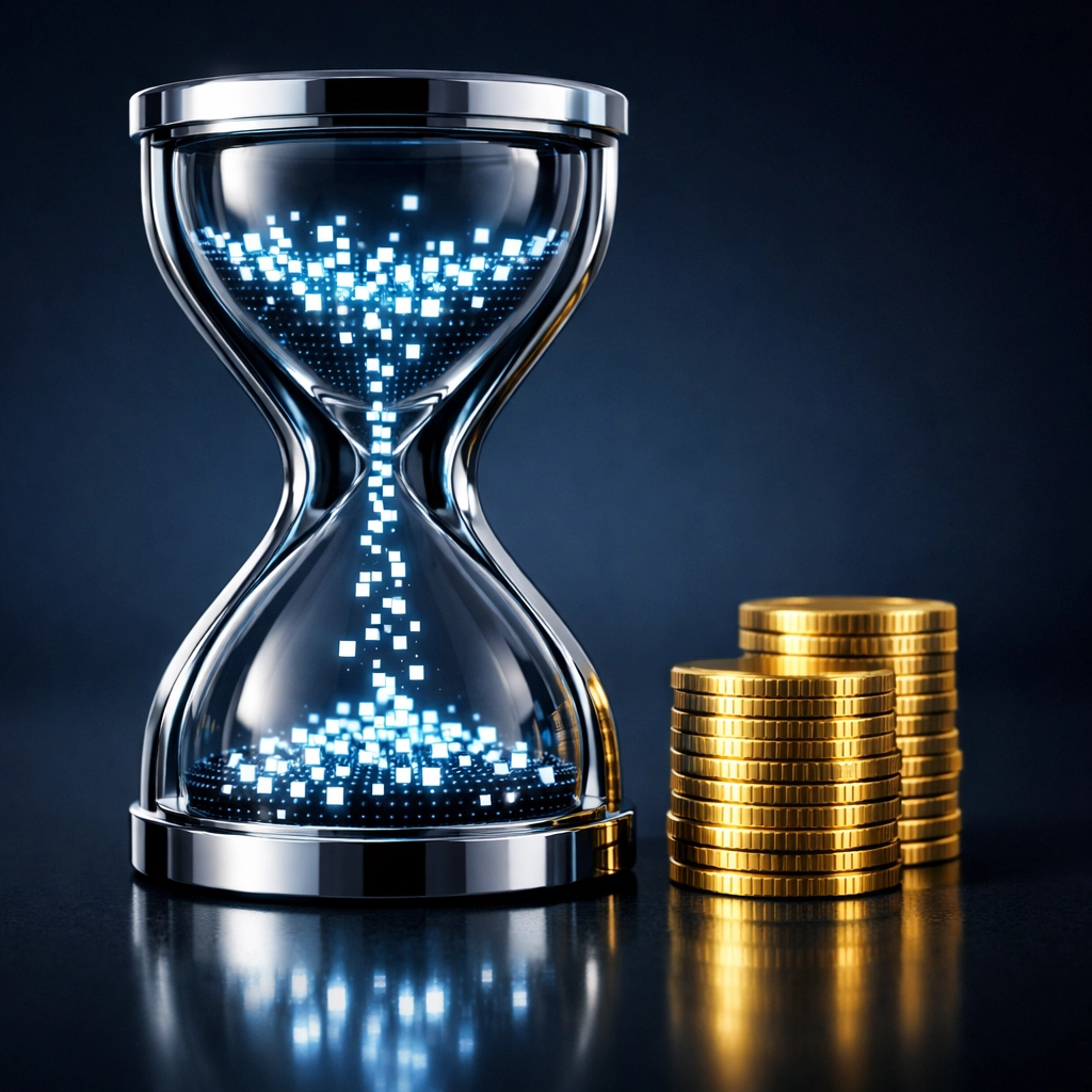 A digital hourglass next to a stack of coins representing AI usage-based billing and tech budget management.