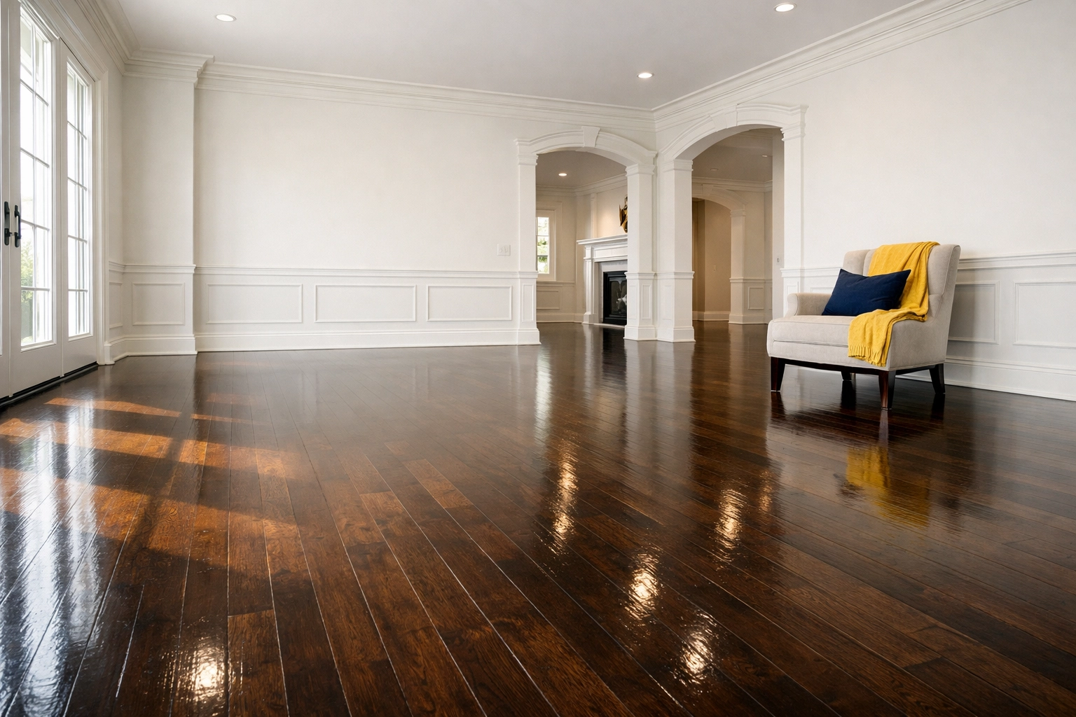 Sparkling clean hardwood floors in an empty luxury Lincoln home after professional house cleaning.