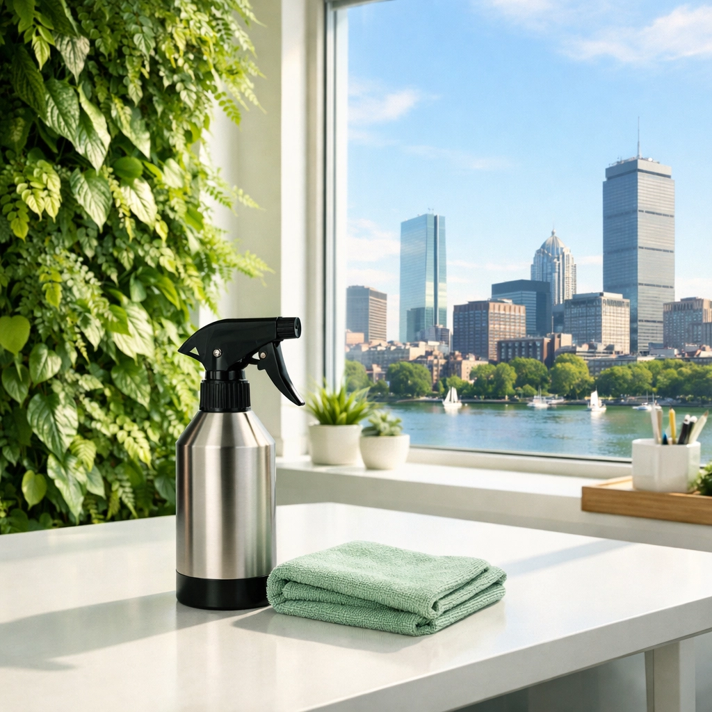 Sustainable commercial cleaning tools in a bright Boston office reflecting eco-friendly standards.