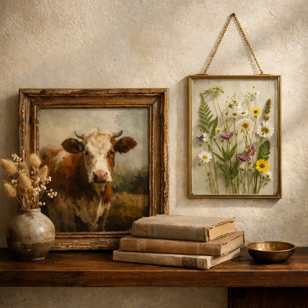Handcrafted cow painting and floral wall hanging displayed on a shelf as unique gifts for home.