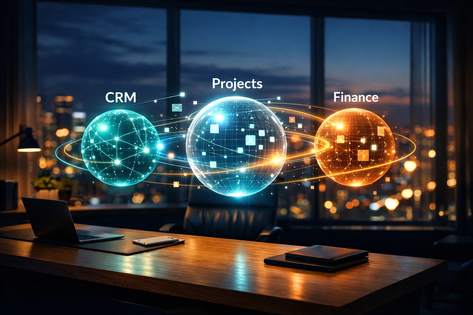 Holographic display showing interconnected business apps for integrated Zoho CRM automation.