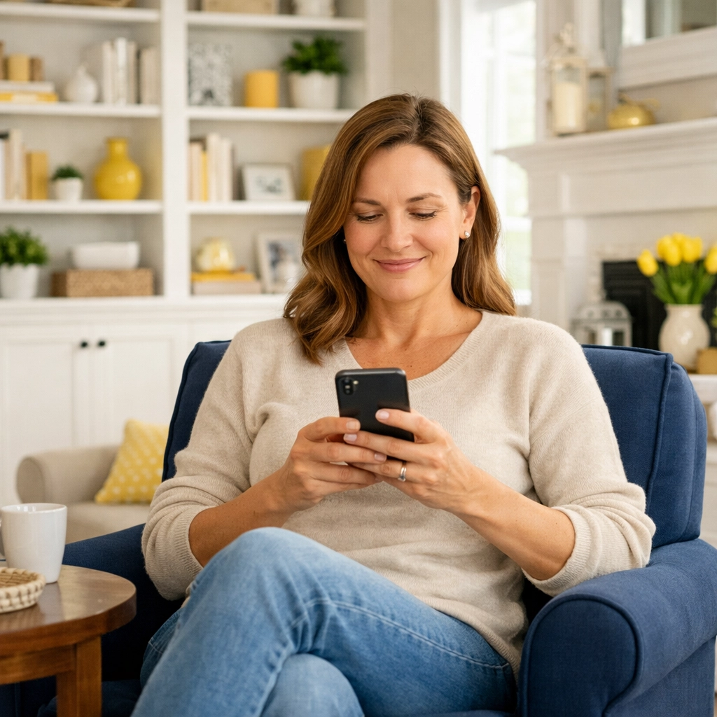 A homeowner enjoys a clean home after using easy online scheduling for house cleaning Pepperell MA.