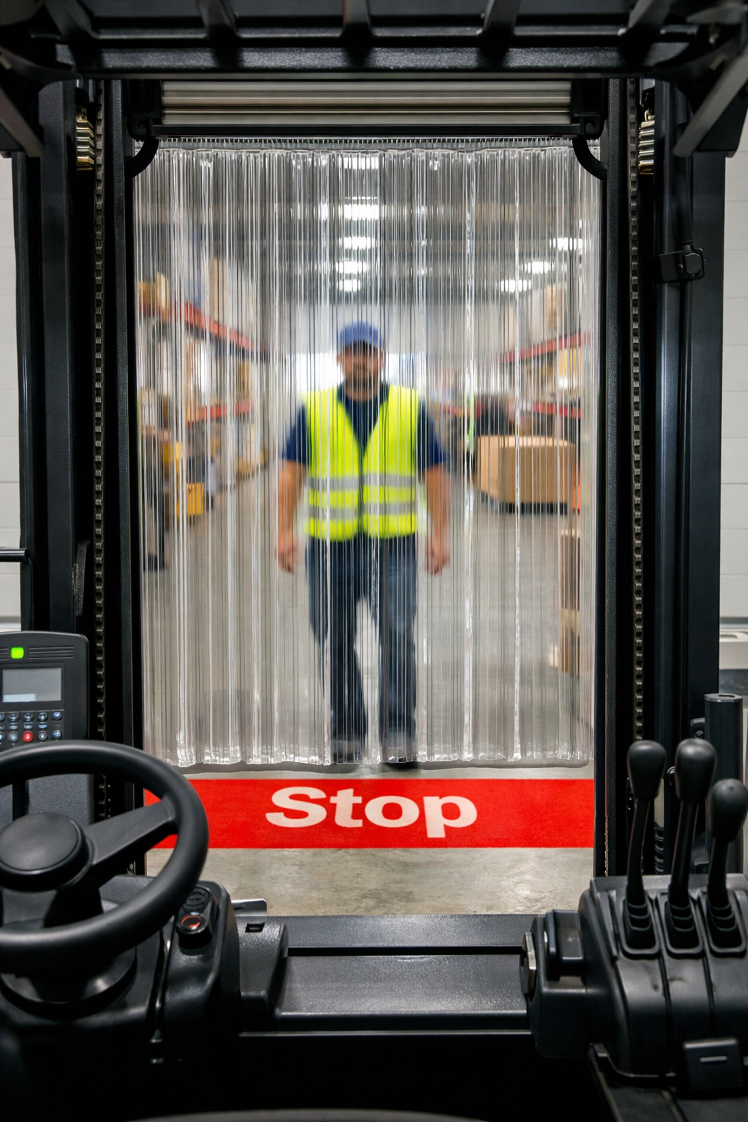 Clear industrial door strips providing high visibility for a forklift driver approaching a warehouse worker.