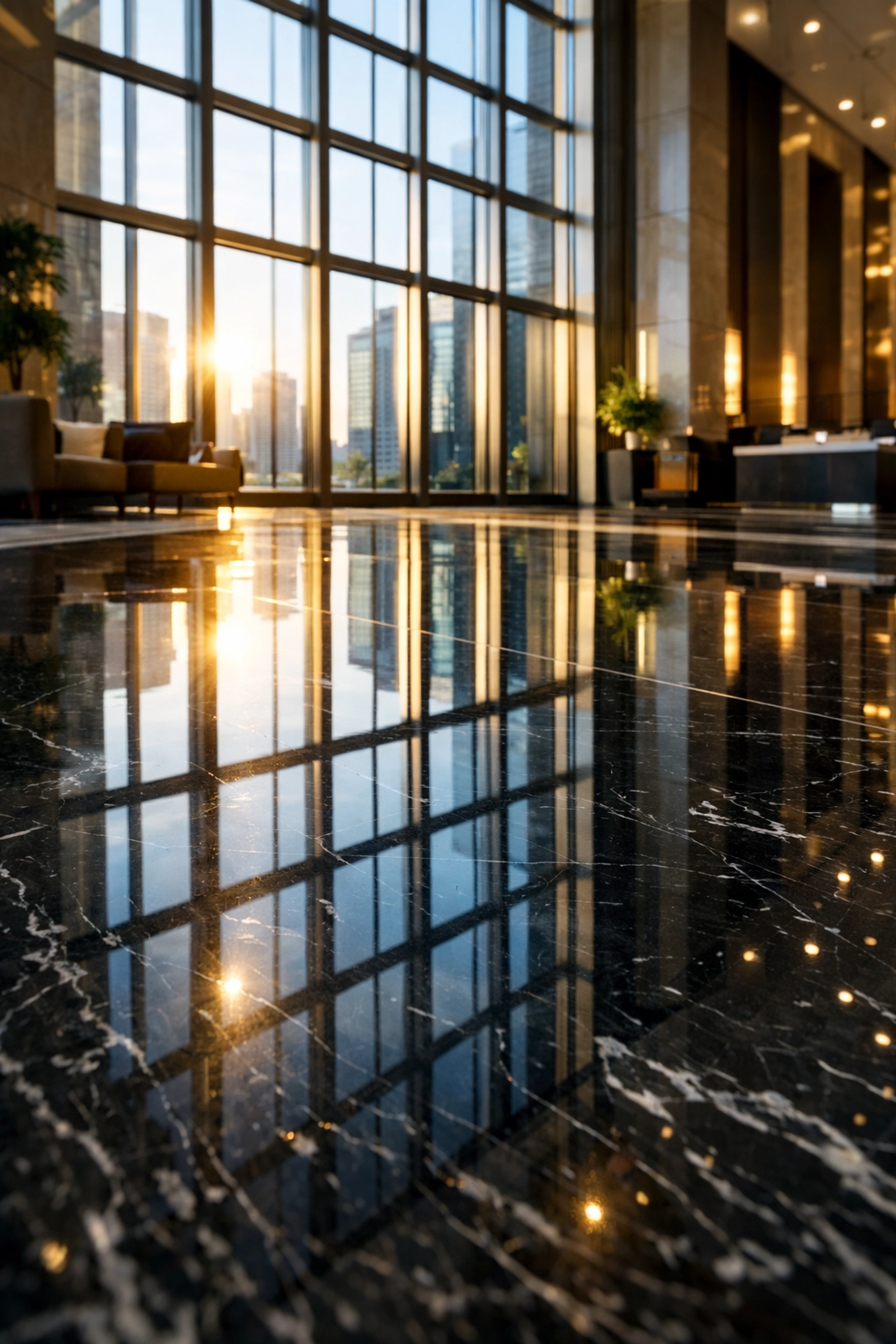 Polished marble lobby floor in a Chicago office building showing recurring cleaning excellence.