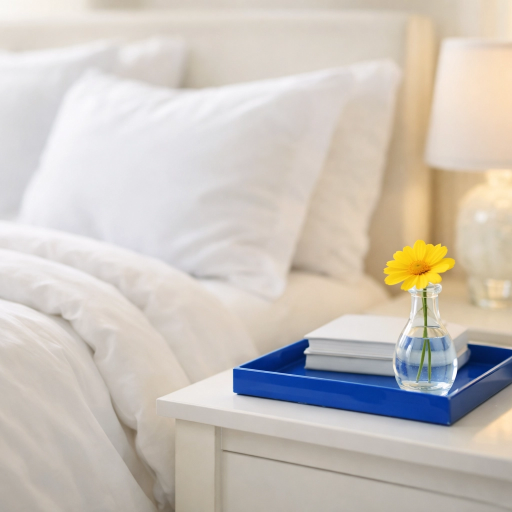 Organized bedroom with clean bedding and dust-free surfaces from a residential cleaning MA expert.