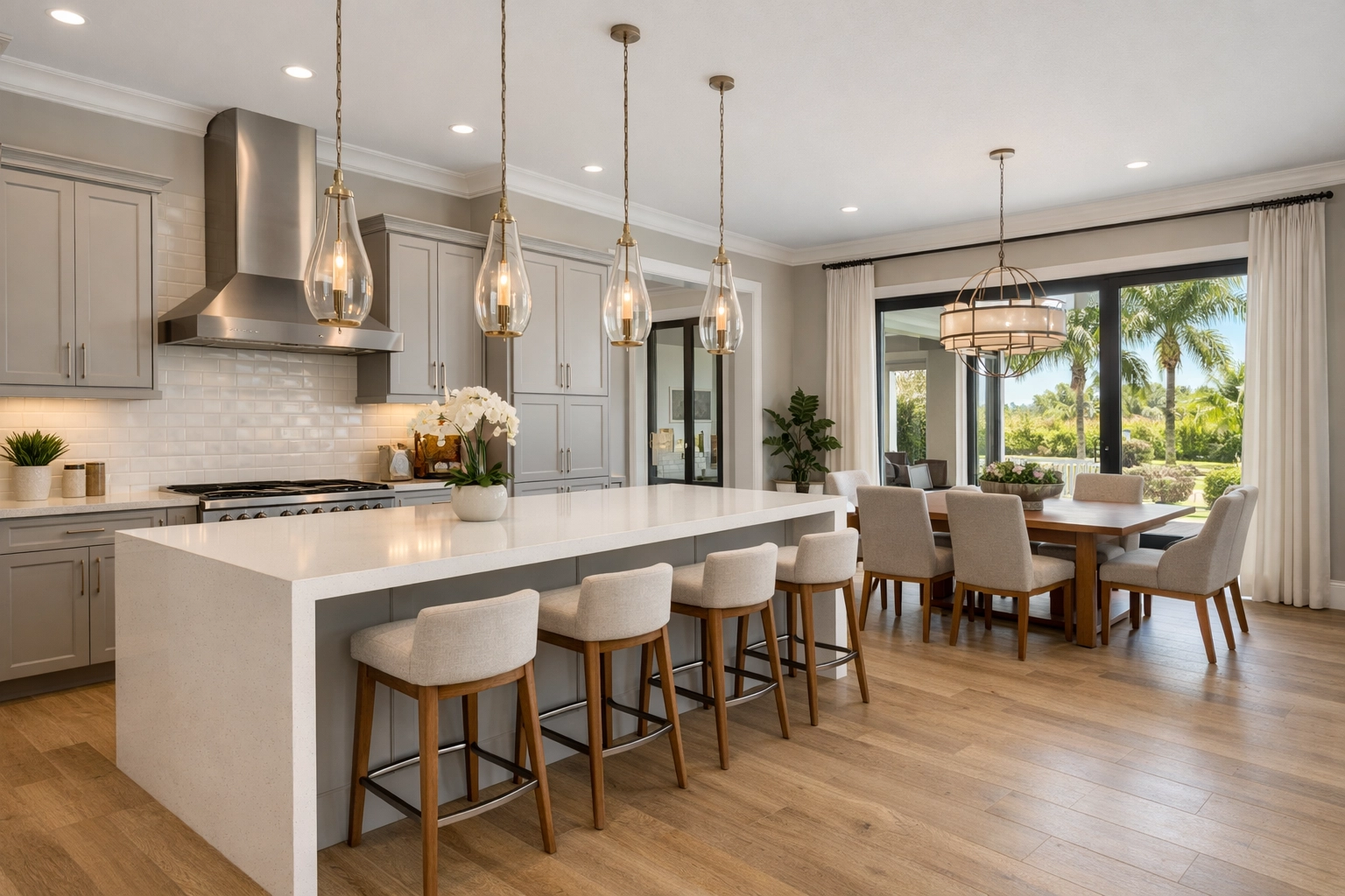 A stunning luxury kitchen renovation in Orlando with a modern quartz island and bright, open-concept design.