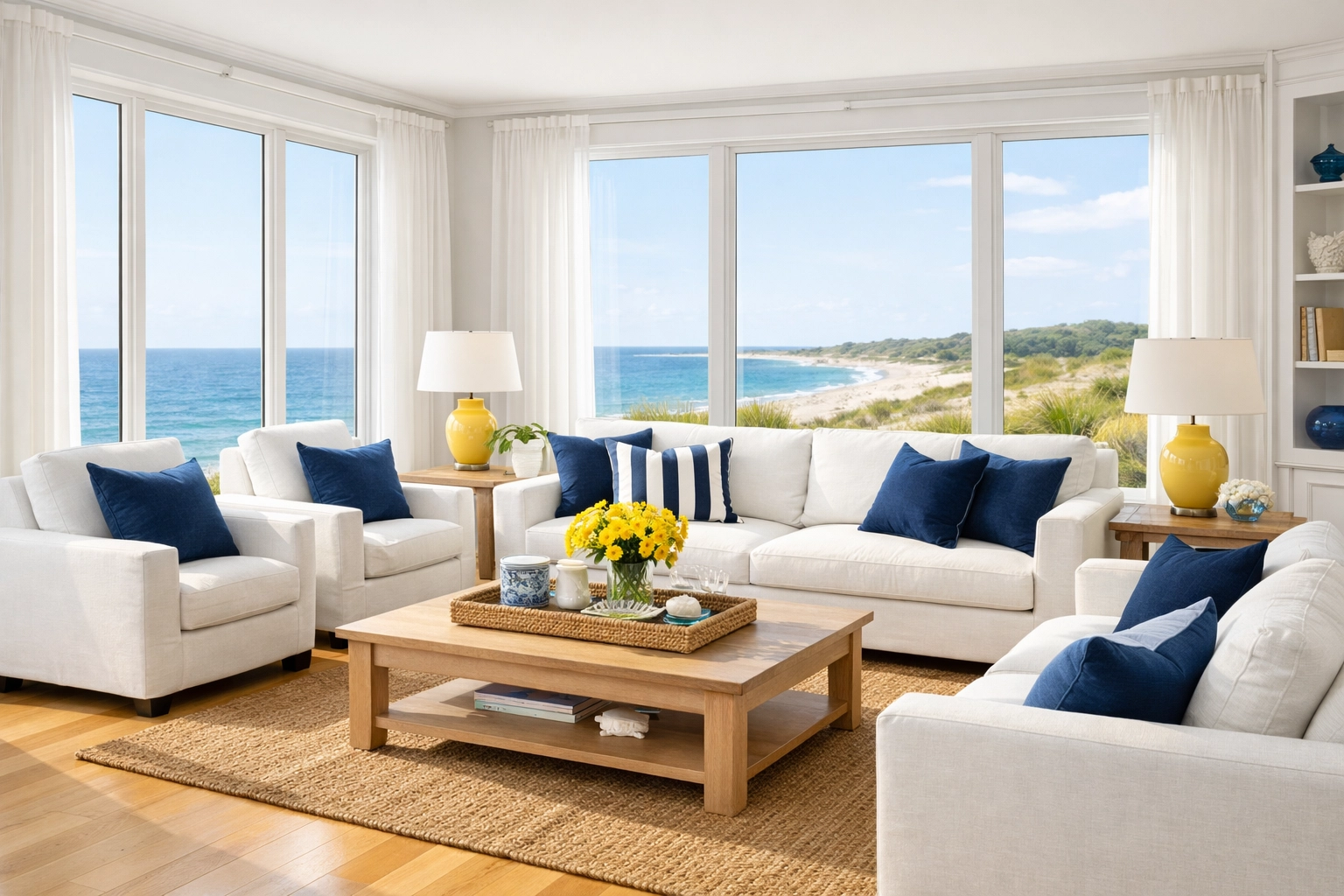 Cleaned luxury living room in Falmouth MA with ocean views and pristine coastal decor.