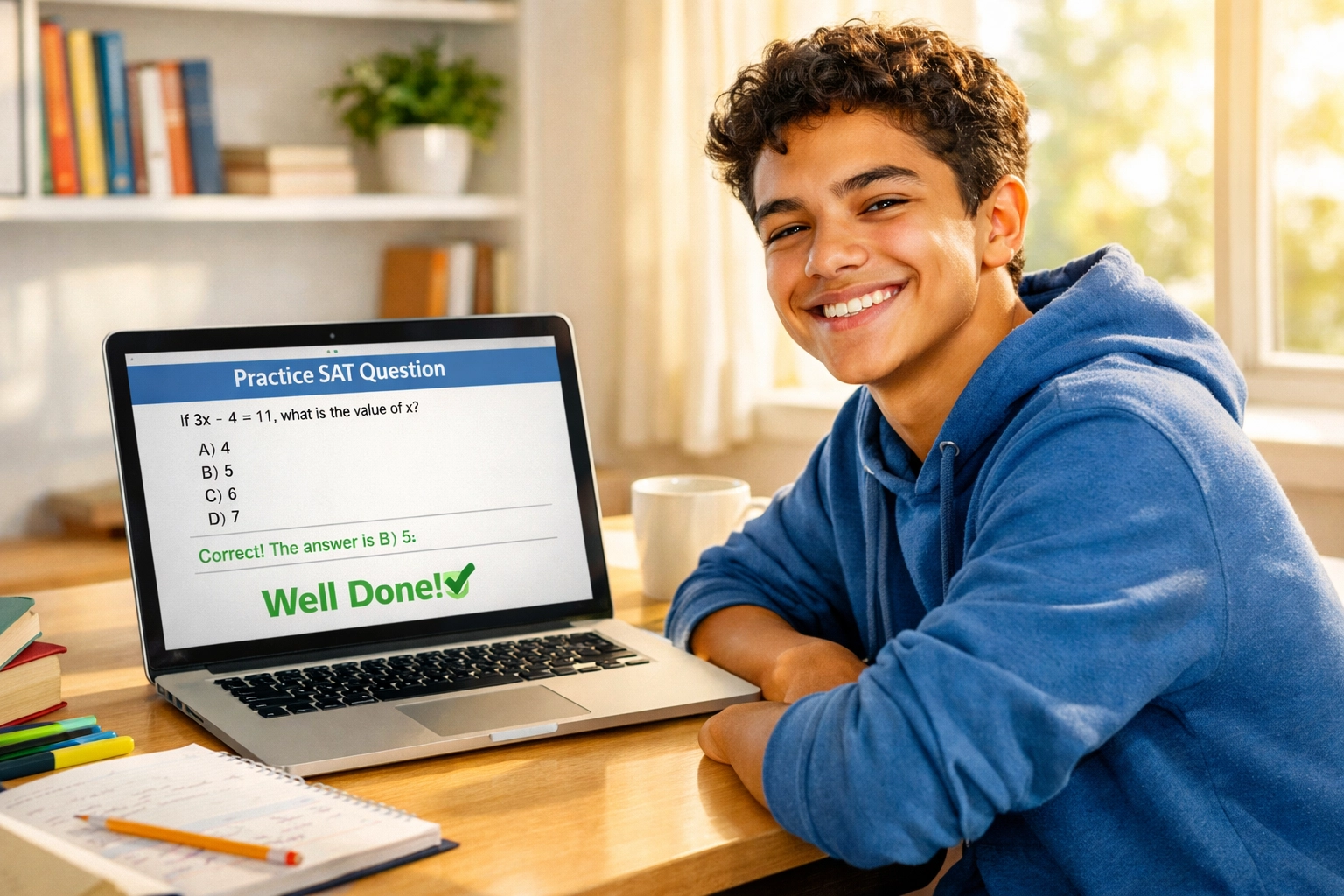 Confident student successfully completing SAT practice questions on laptop