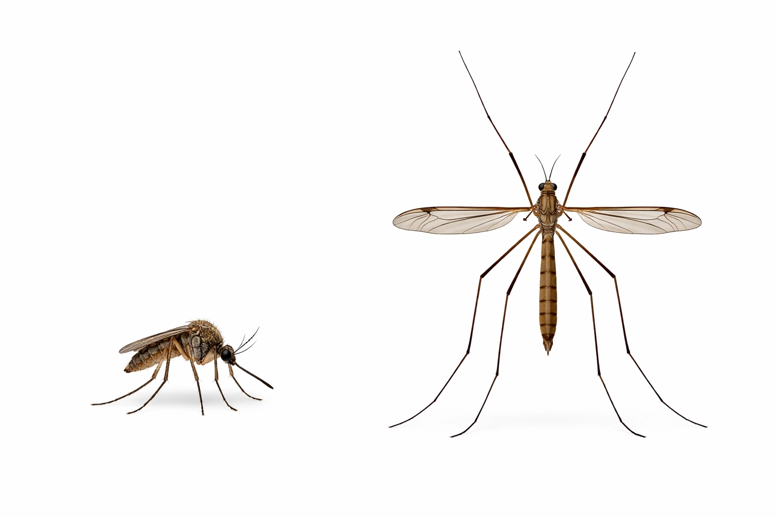 Size comparison showing a small mosquito next to a much larger, harmless crane fly on a white background.