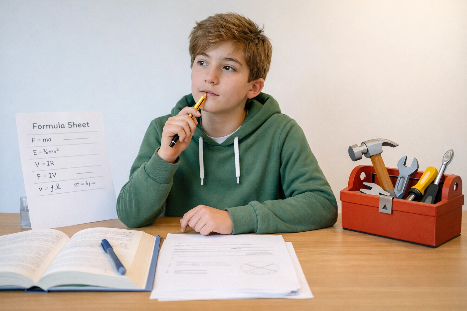 GCSE student studying with formula sheet and toolbox showing exam technique is key