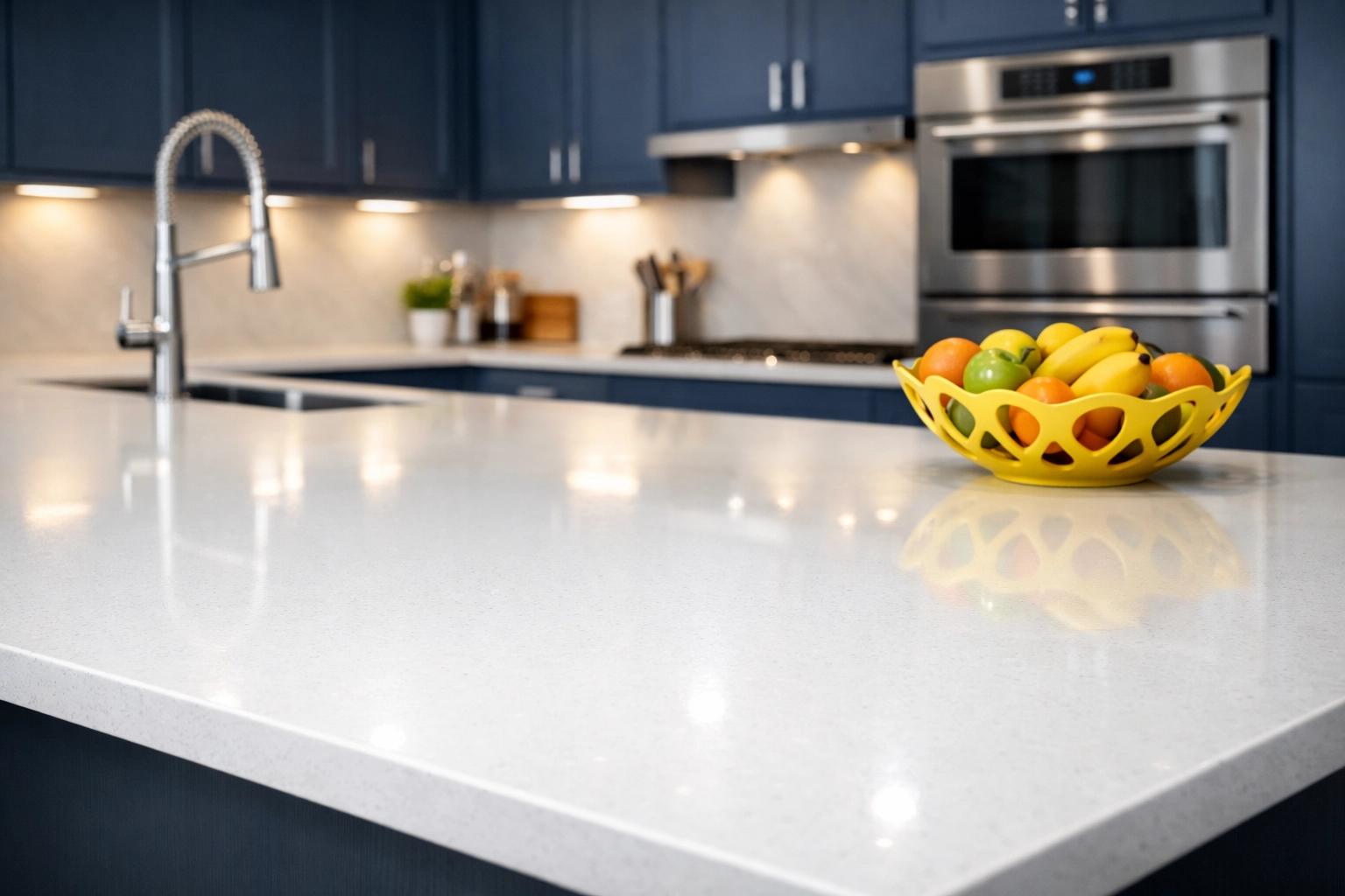 Spotless kitchen island and sanitized countertops after expert House Cleaning Pepperell MA.
