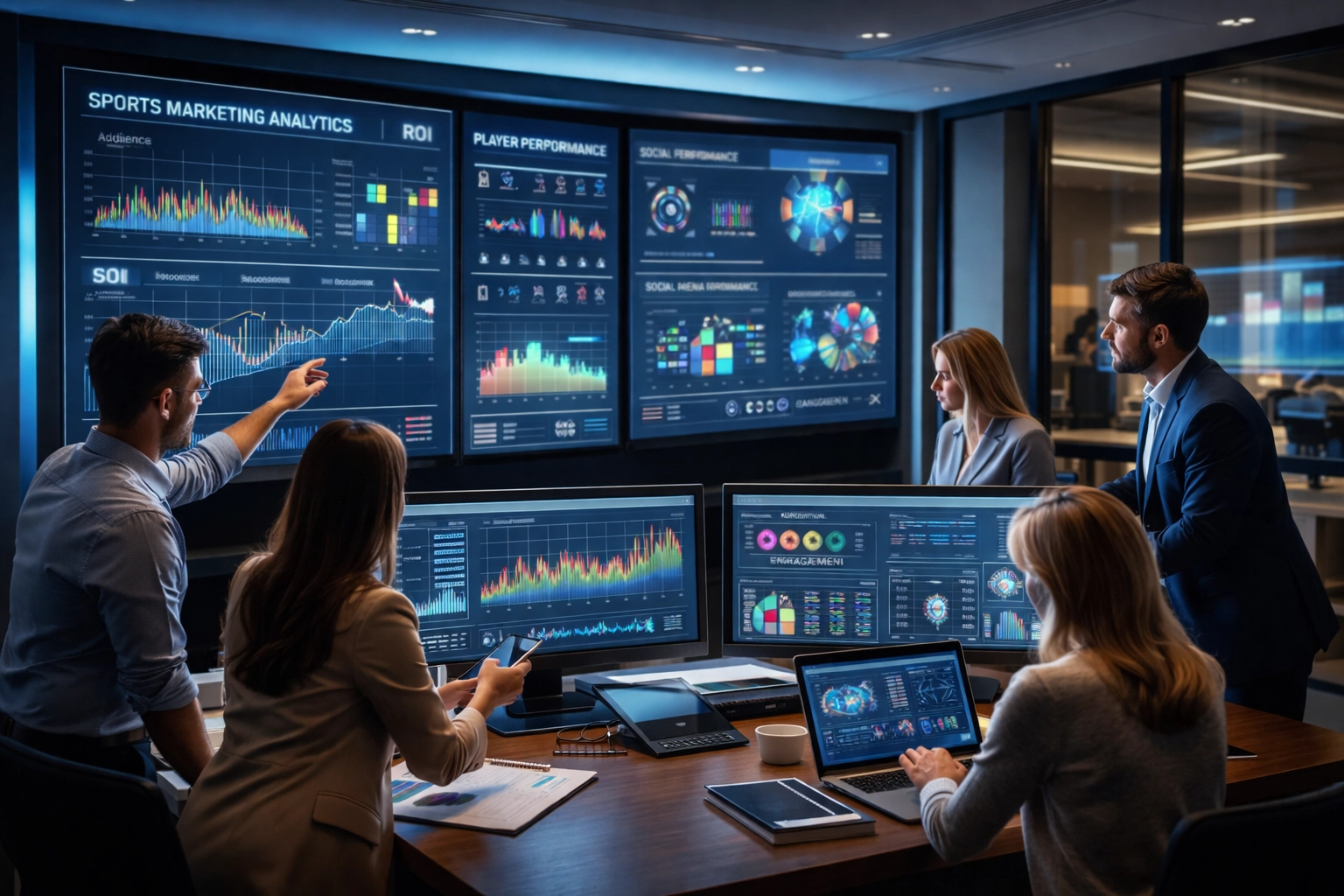 Team analyzing sports marketing performance dashboards in a modern command center at Dakdan Worldwide