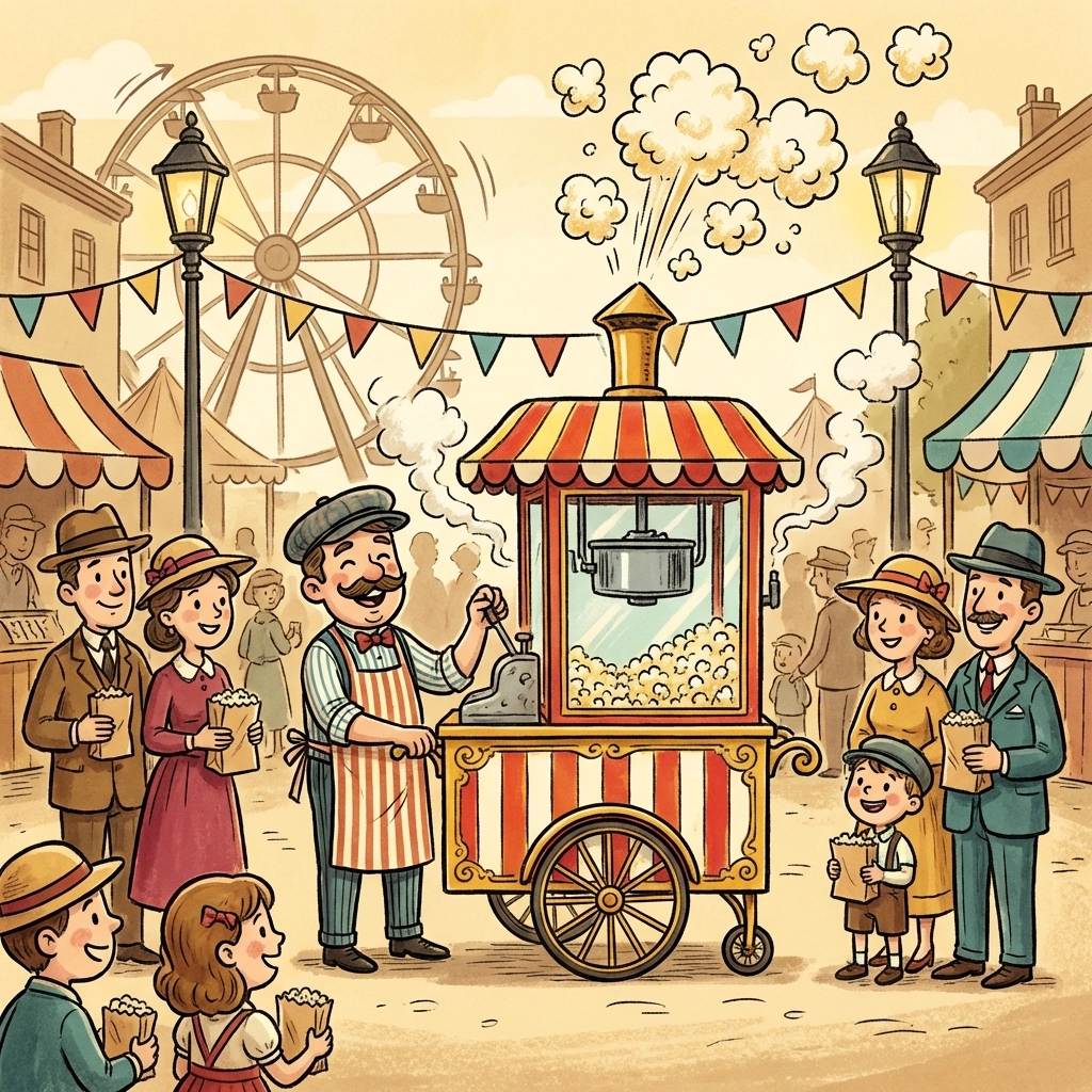 Vintage 1930s street fair scene with a popcorn cart and happy families, illustrating popcorn as a beloved nut free snack.