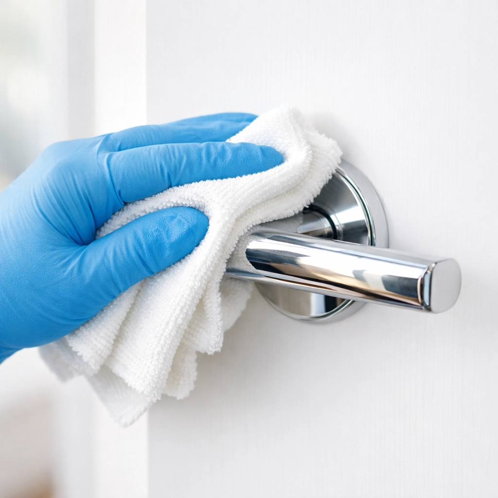 Cleaning professional wiping door handle during apartment turnover