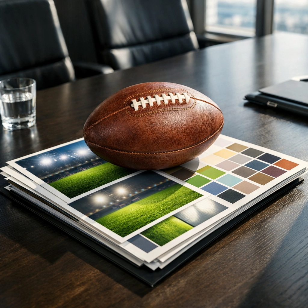 Strategic sports marketing mood boards and a football on a boardroom table for big game branding.