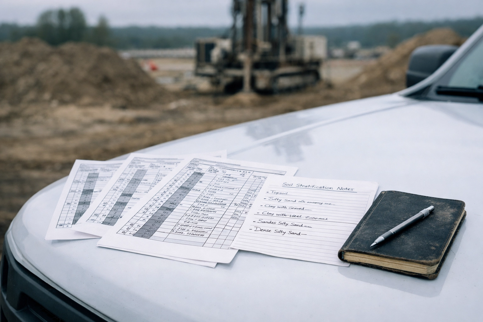 Printed geotechnical boring logs and field notes at an active NJ development site.