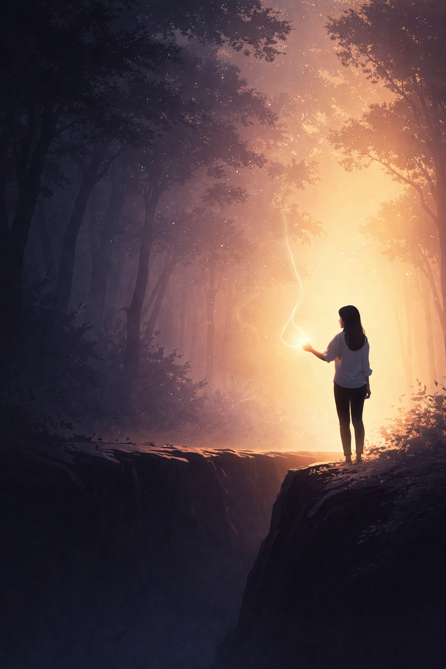 Mira holds a glowing golden thread at the edge of darkness, choosing faith over fear in the Whispering Woods