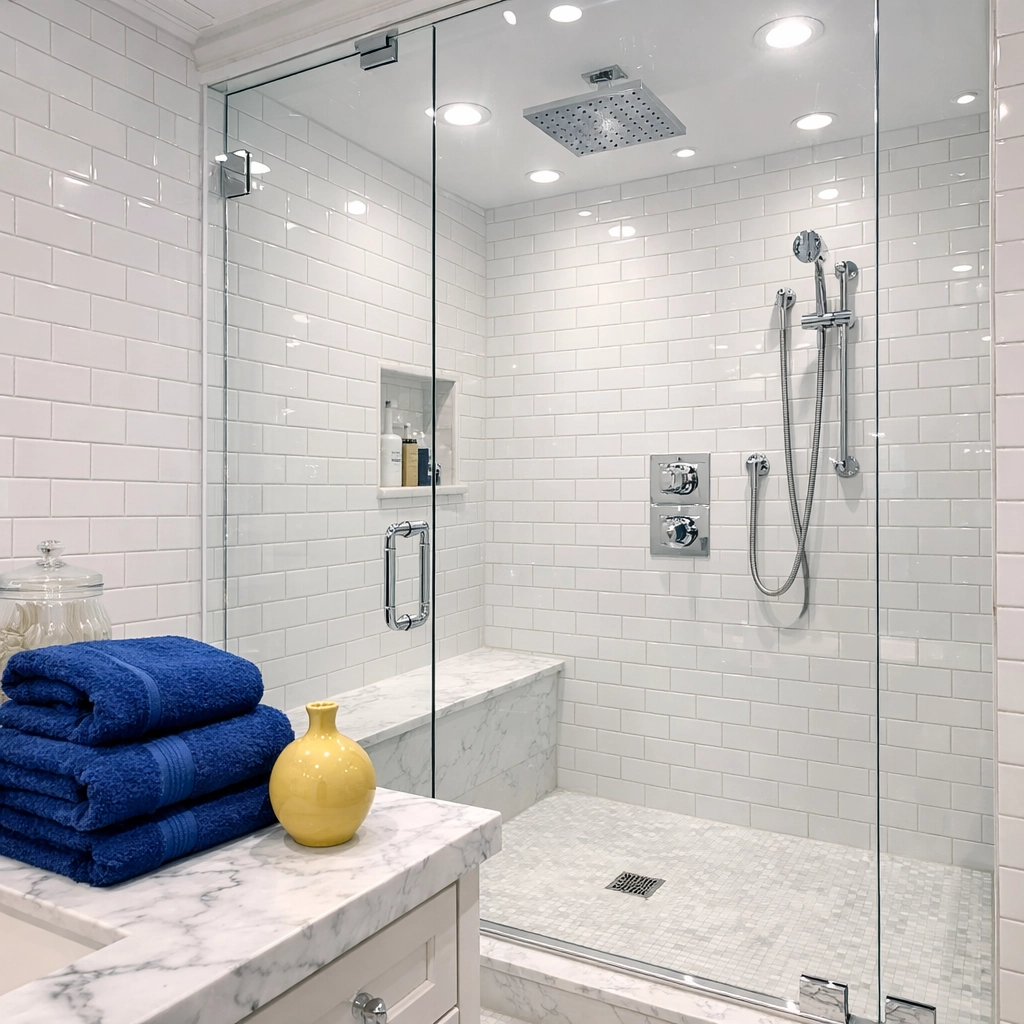 A sparkling clean luxury bathroom with white tiles, a result of professional Marblehead residential cleaning.