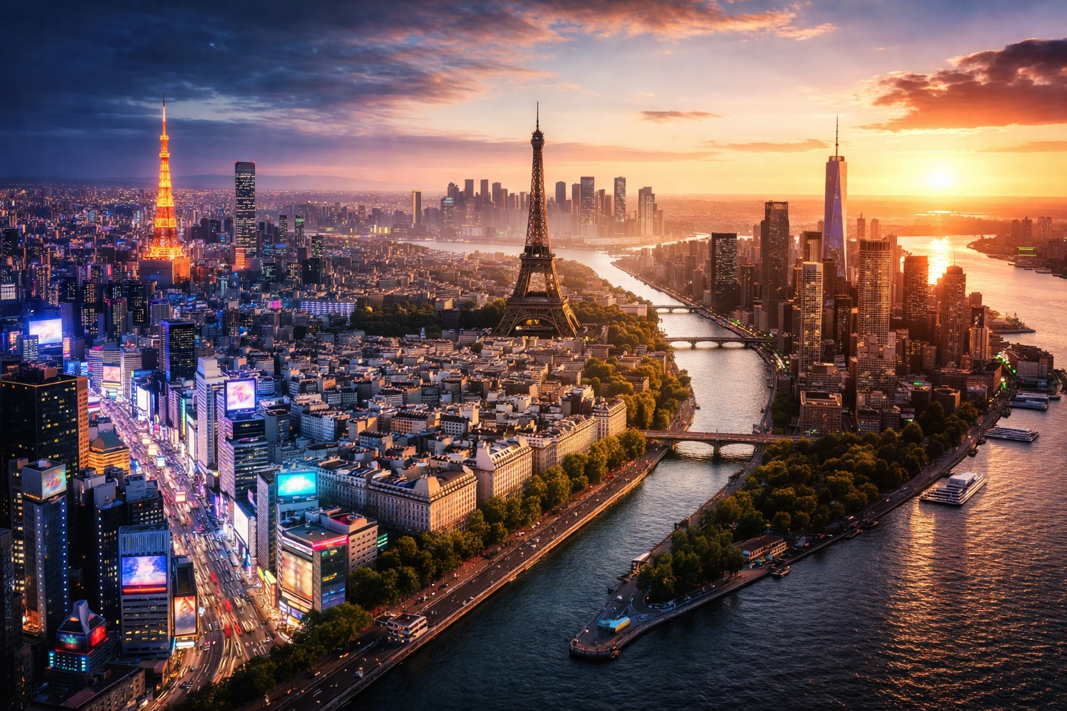 Aerial view showing Asian city, European skyline, and American financial district symbolizing global investment diversification