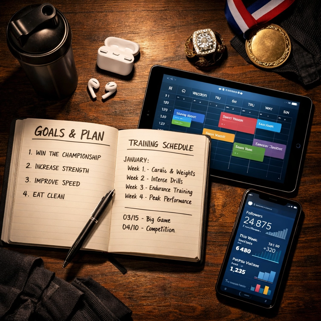 Athlete workspace showing goal planning with notebook, devices, and strategic timeline