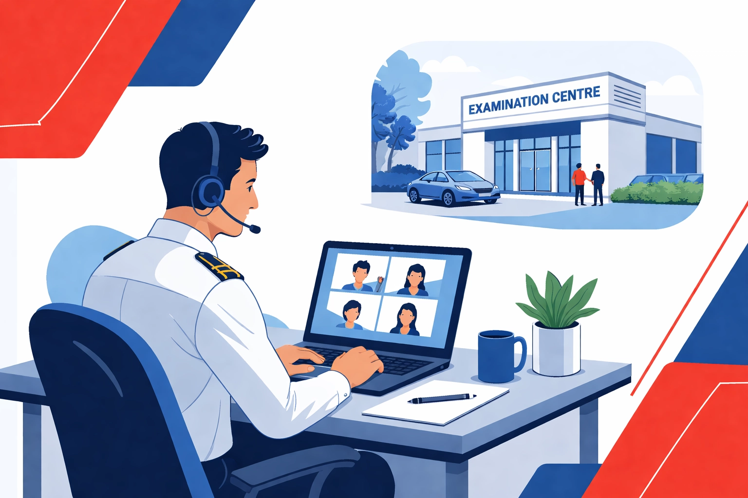 Professional driver attending ADR online course at home with an examination centre in the background