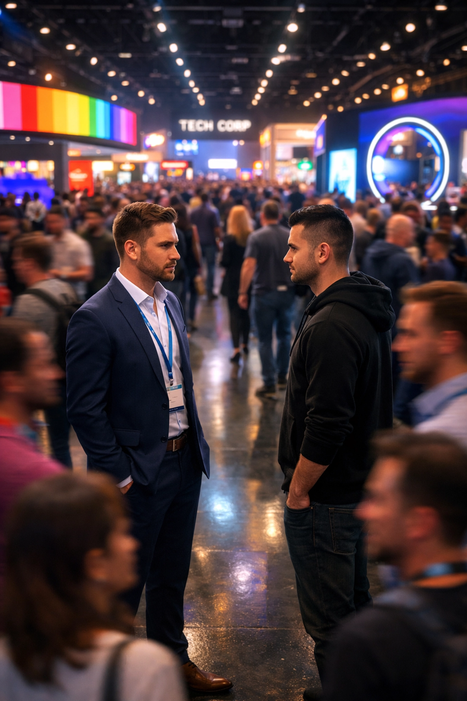 Two male rivals meet at tech convention - gay romance enemies to lovers moment