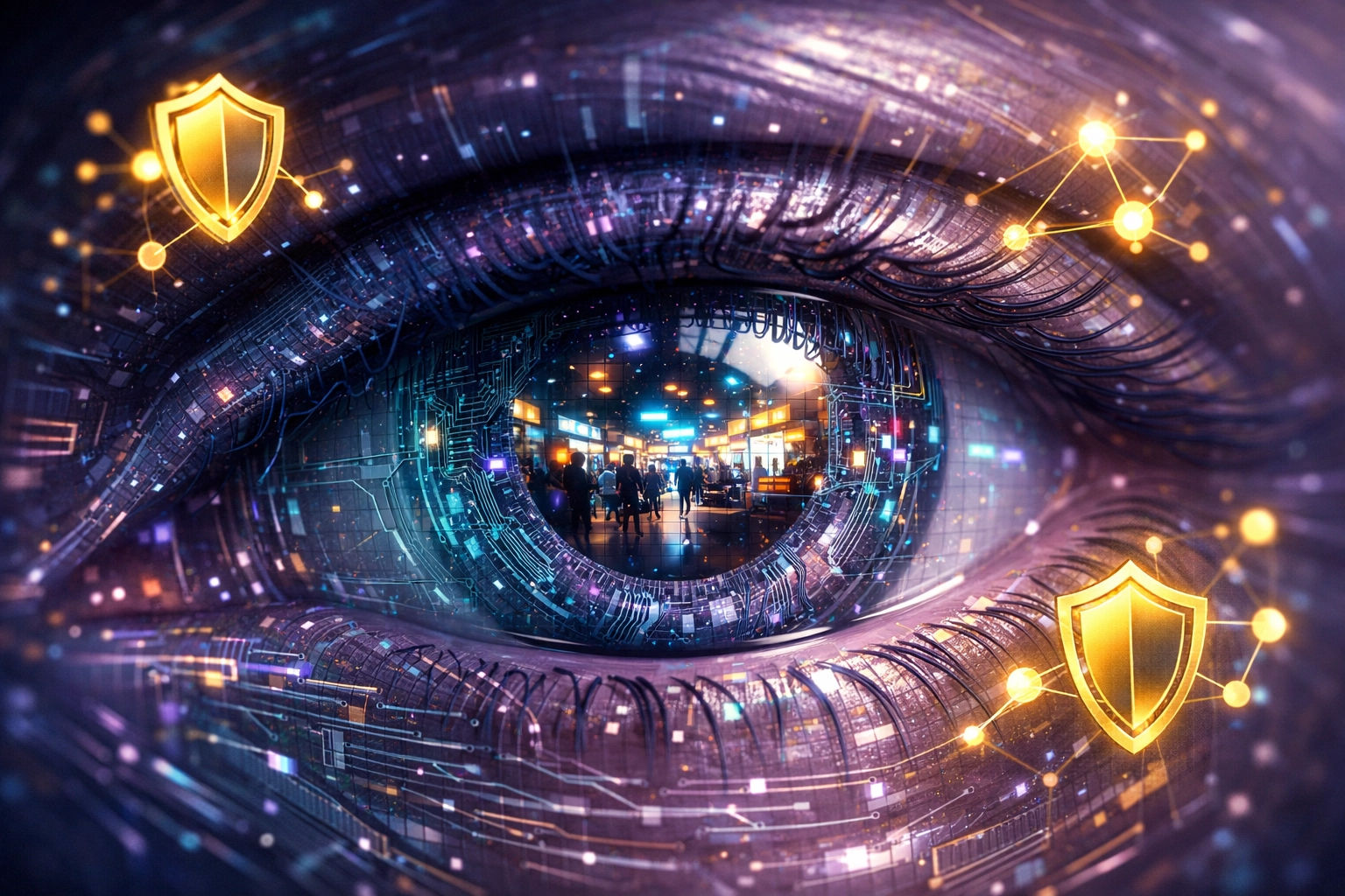 Advanced AI eye monitoring a digital marketplace for secure Web3 payment risk detection and security.