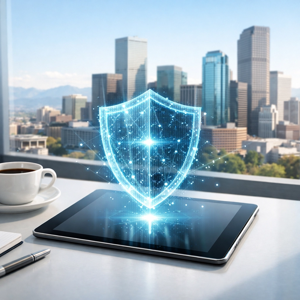 Professional Denver office desk with a digital shield representing secure MSP Colorado business strategy.