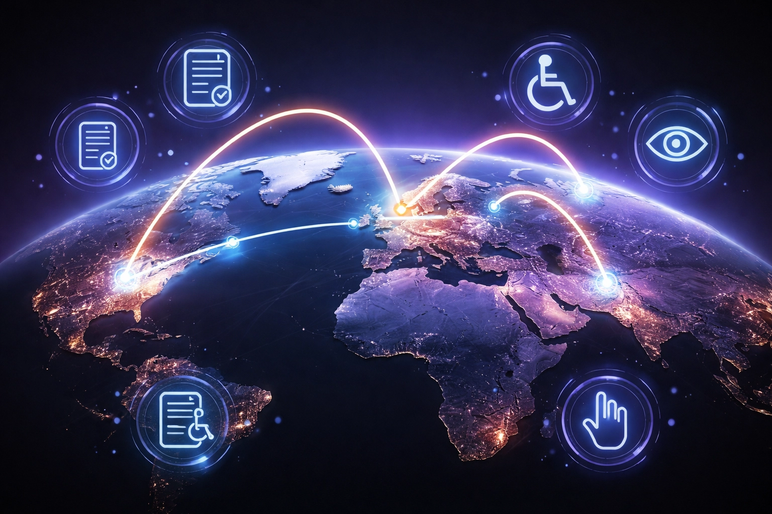 Global digital compliance connections between the UK, Europe, and US with accessibility icons for websites
