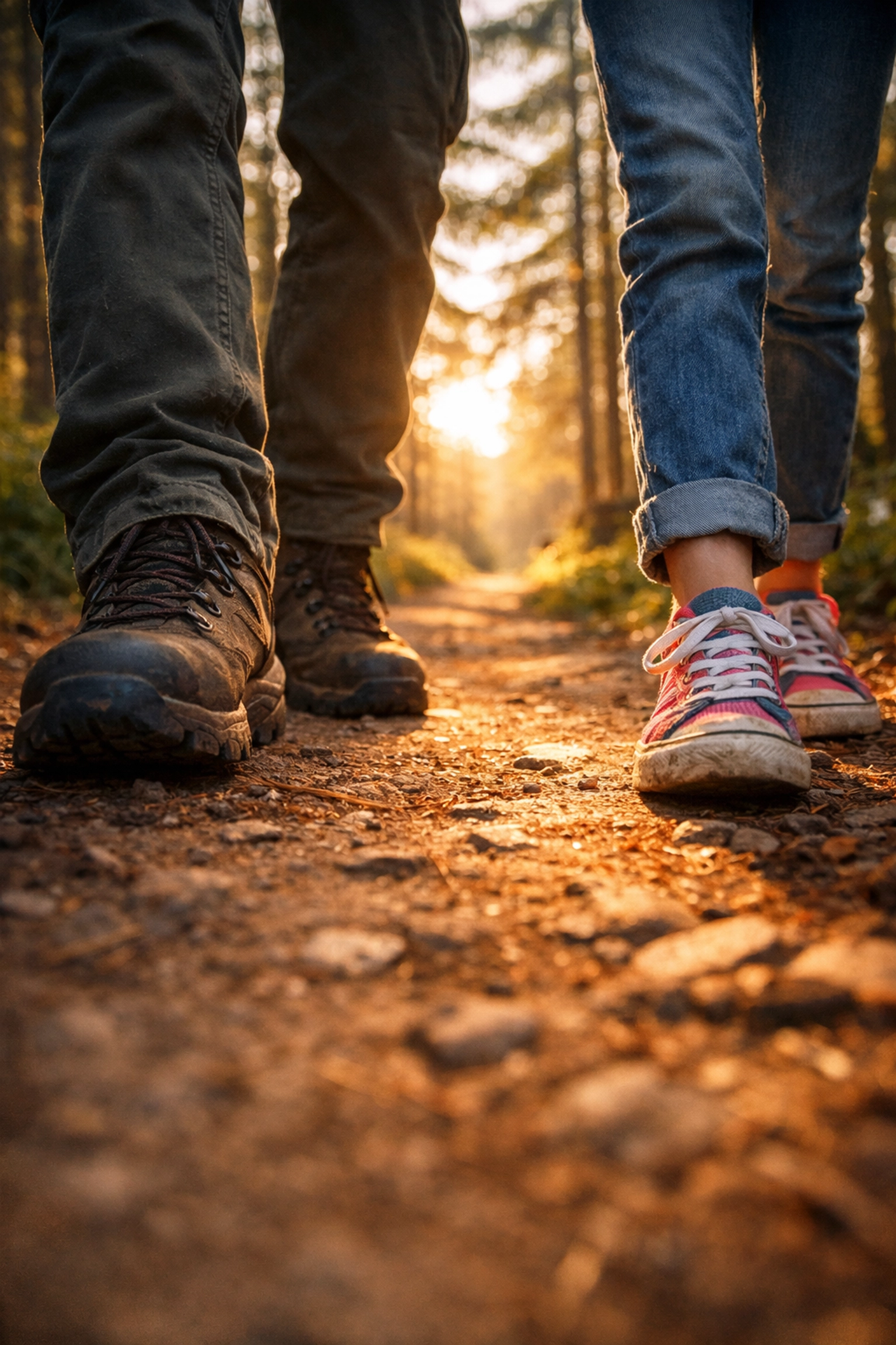 A parent and teen walking together on a sunlit forest path, symbolizing the journey of healing and guidance.