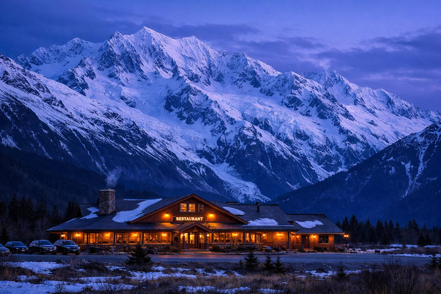 A cozy restaurant at the foot of snowy mountains, symbolizing business security provided by local insurance experts.