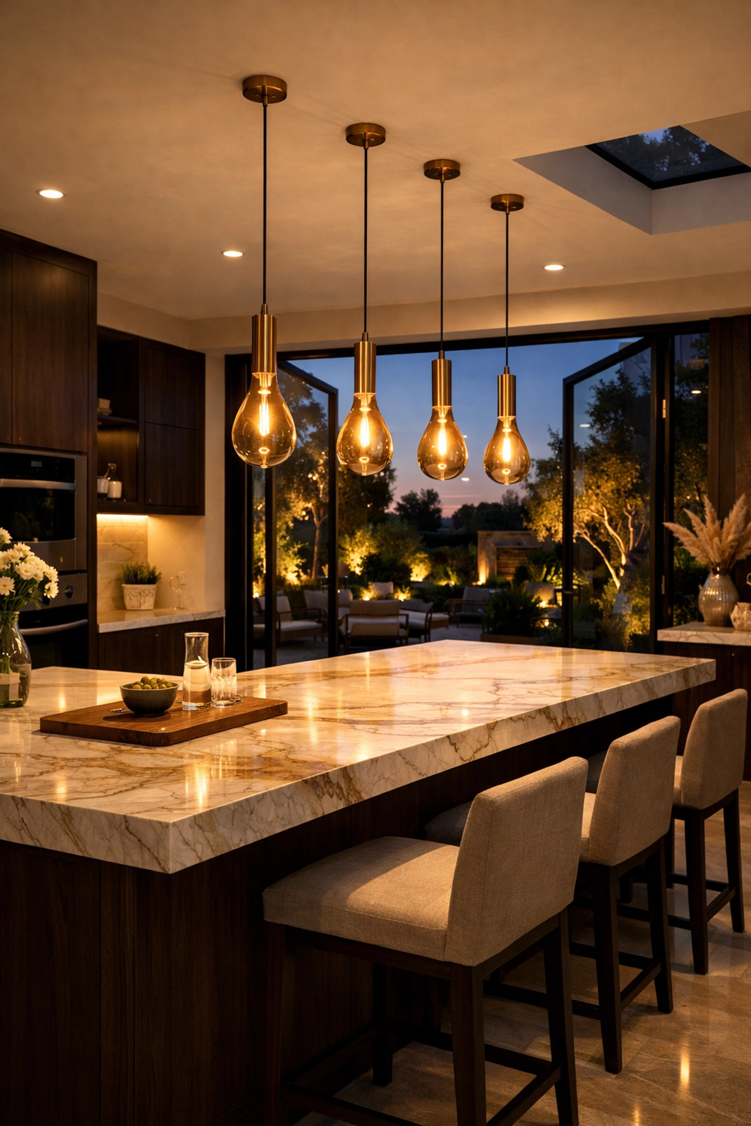 Stunning modern kitchen extension in West Sussex with marble island and glass pivot doors at twilight.