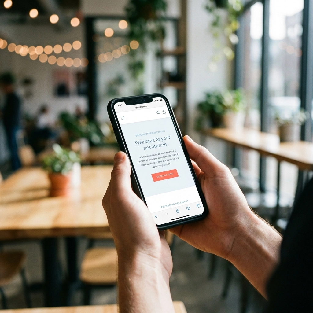 Close-up of hands holding a smartphone displaying a mobile-friendly website with a vibrant CTA, emphasizing mobile optimization for conversions