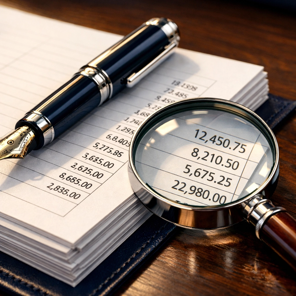 Professional fountain pen and magnifying glass on financial ledgers for property management due diligence.