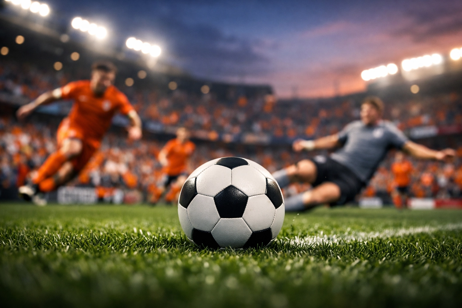 Professional soccer ball on the turf under stadium lights during a Forge FC match in Hamilton.