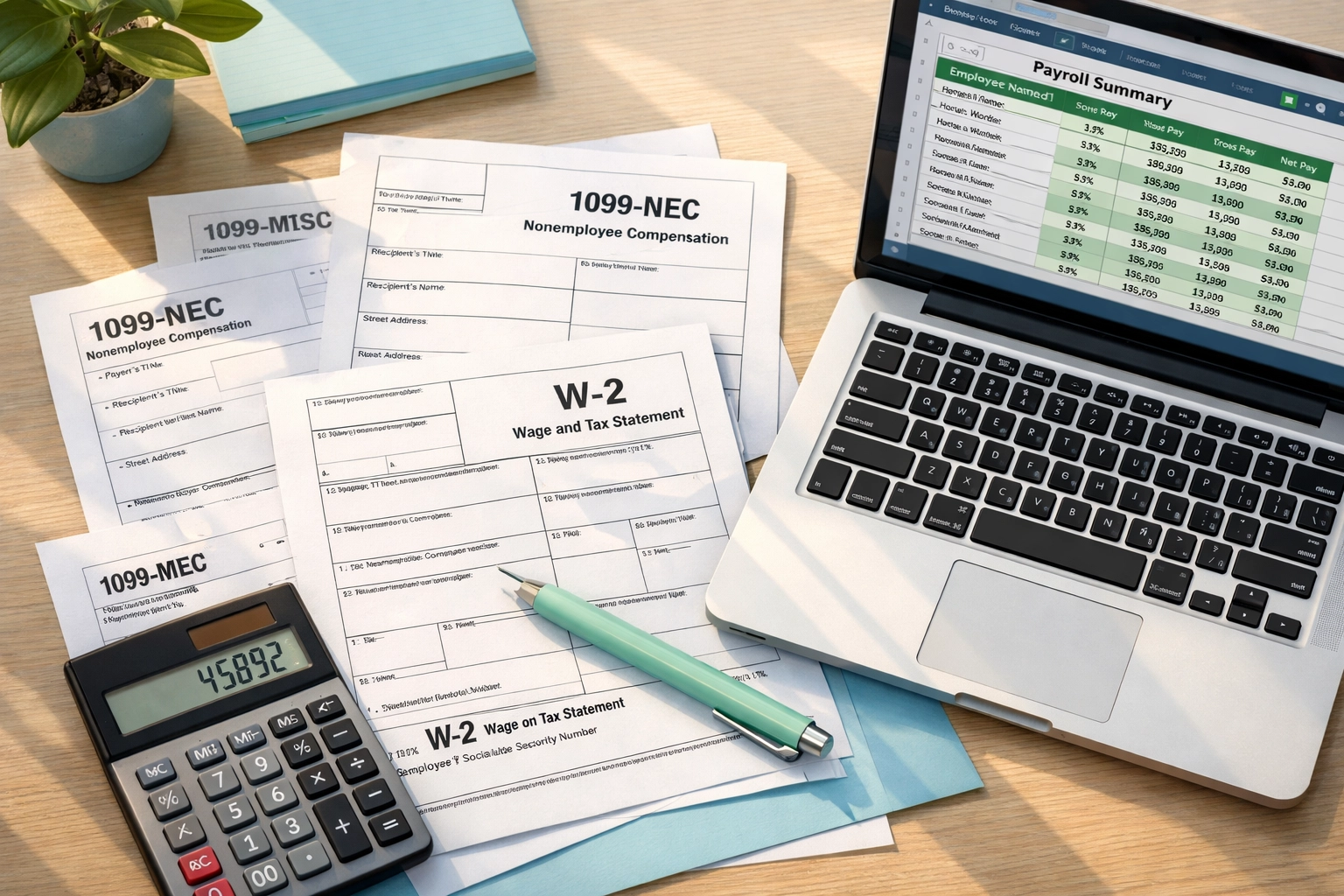 Payroll tax forms 1099 and W-2 with calculator showing small business payroll errors