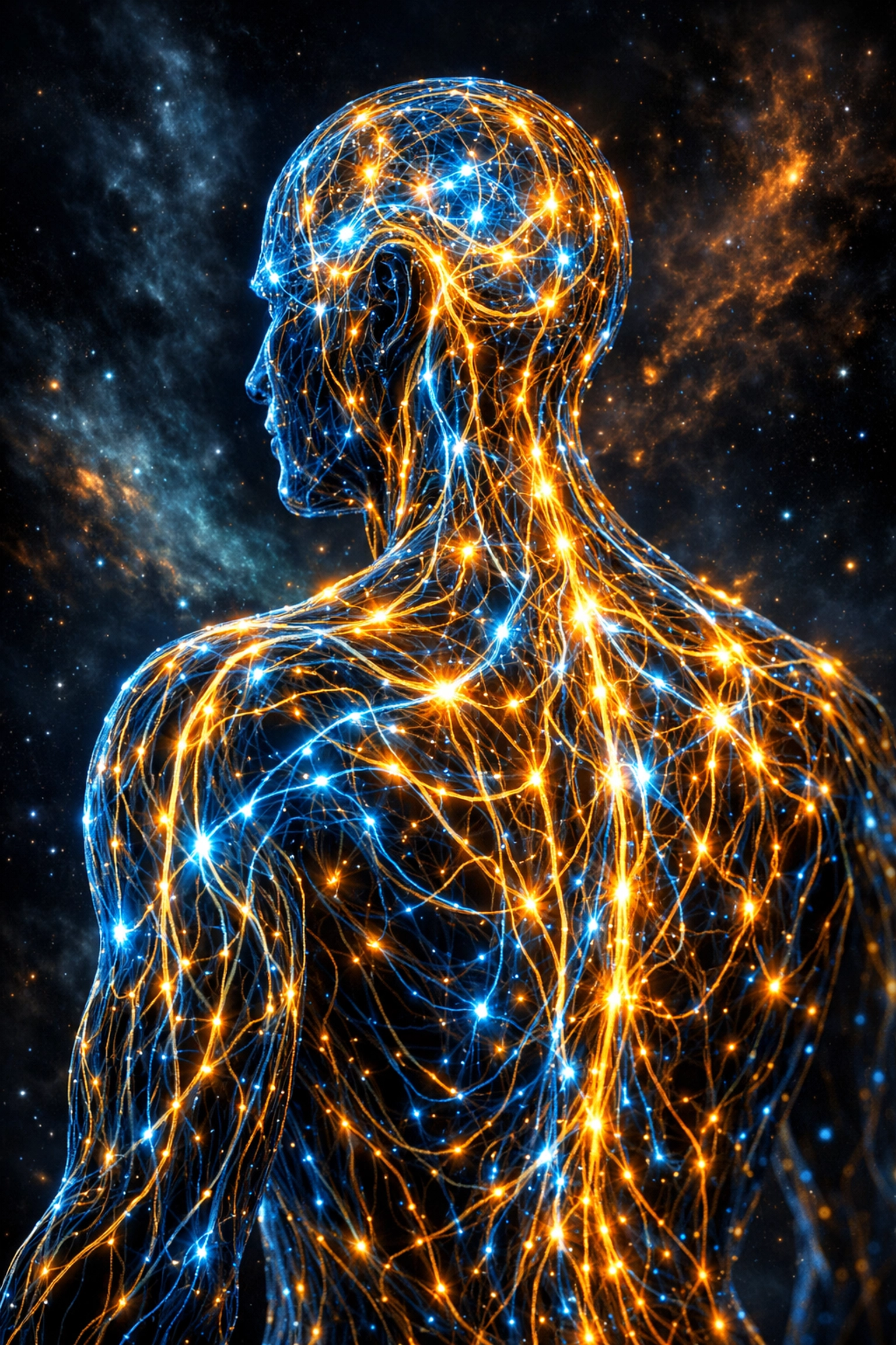 A glowing human silhouette representing the nervous system as an electrical superhighway of cellular memory.