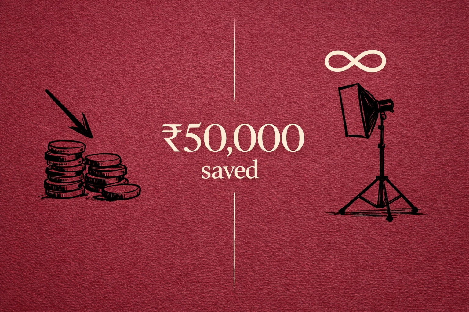 Per-day studio rental vs membership savings comparison showing ₹50,000 annual benefit