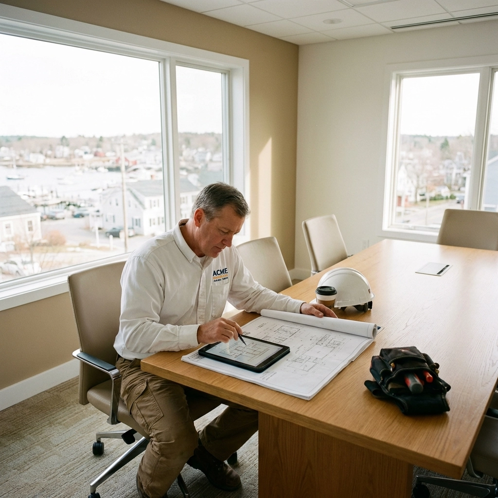 Licensed Maine electrician reviewing commercial blueprints in a well-lit office for code compliance projects