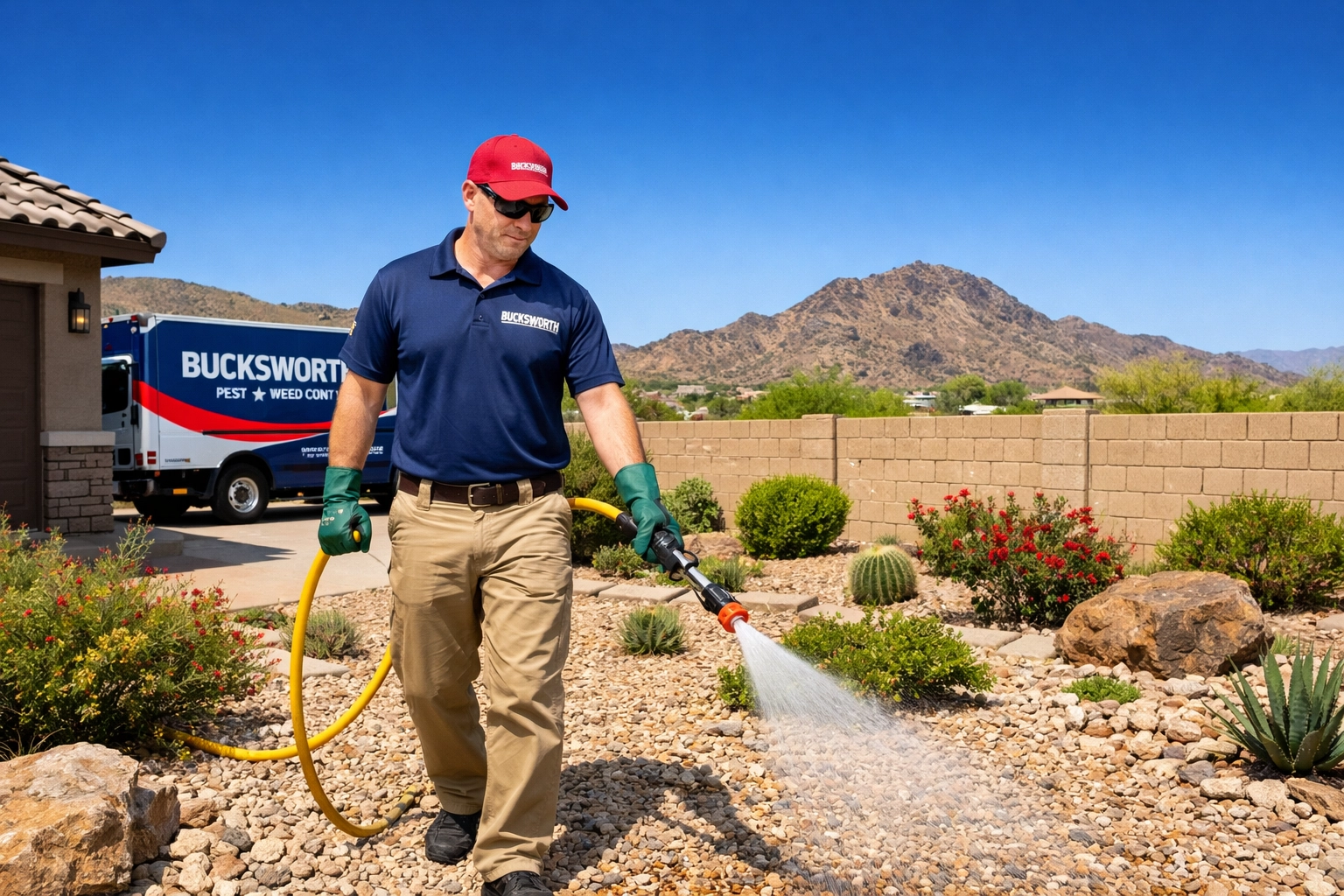 Bucksworth Home Services technician providing professional weed control in a Peoria, AZ backyard.