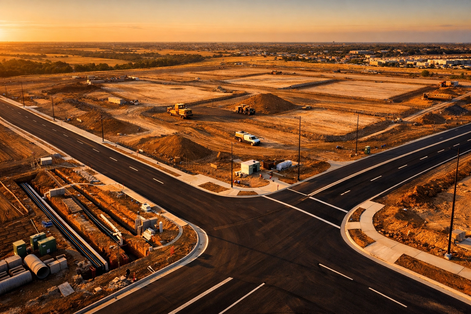 Aerial view of commercial construction site showing roads, utilities, and infrastructure in North Texas