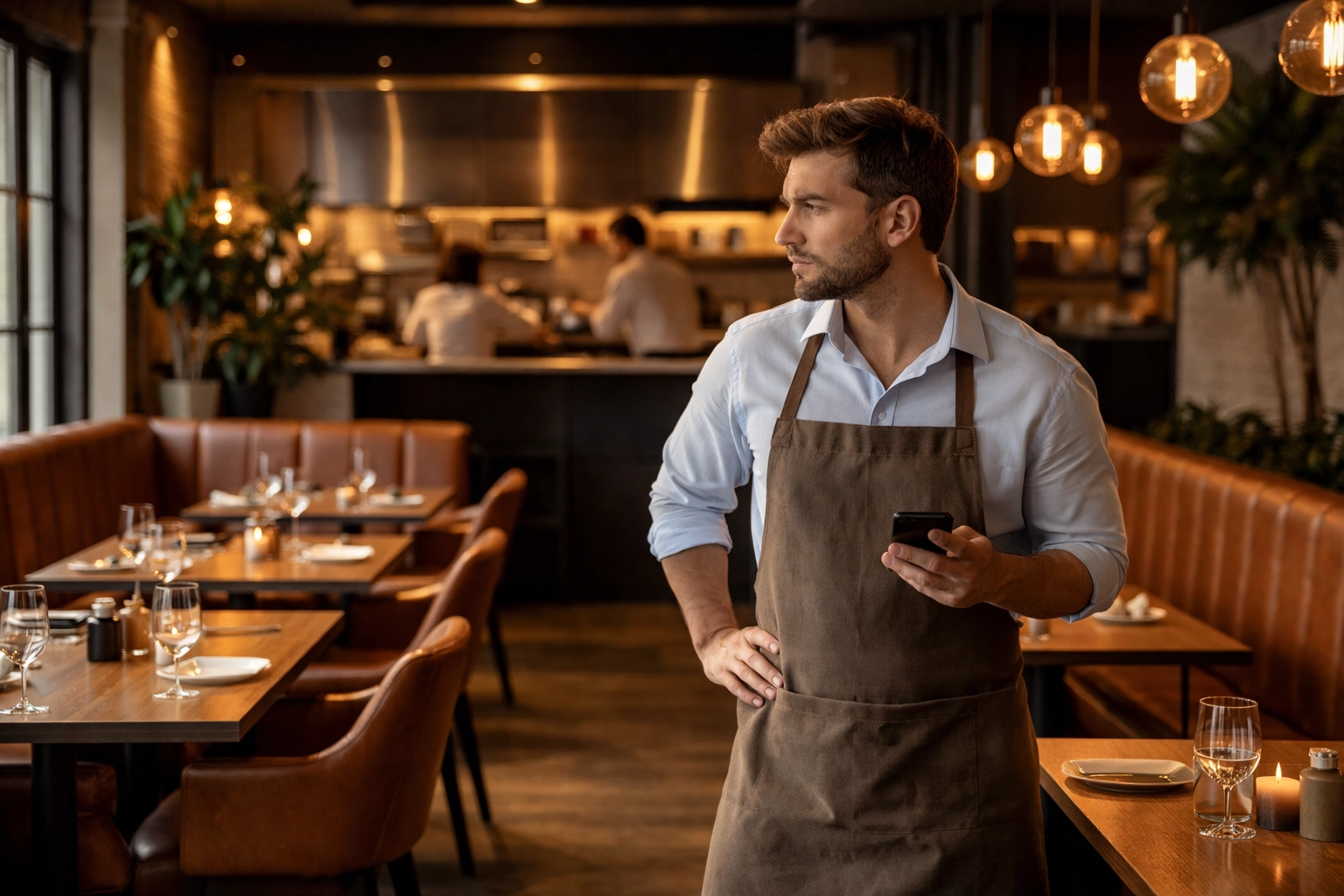 Stressed restaurant owner stands alone in upscale dining room, highlighting challenges of managing multiple locations.