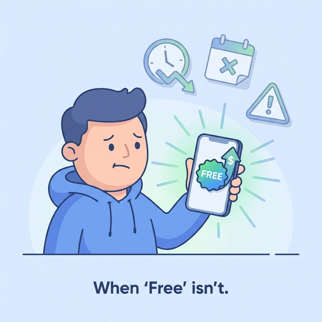 Cartoon marketer looking puzzled at a phone with 'free' offer turning into hidden MMS fees, illustrating bait-and-switch tactics