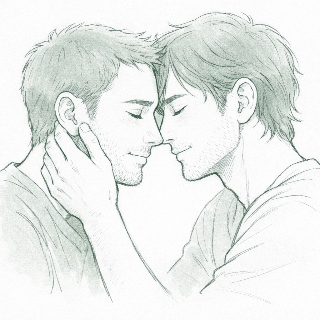 Two men in intimate moment showing vulnerability - gay romance emotional depth and connection