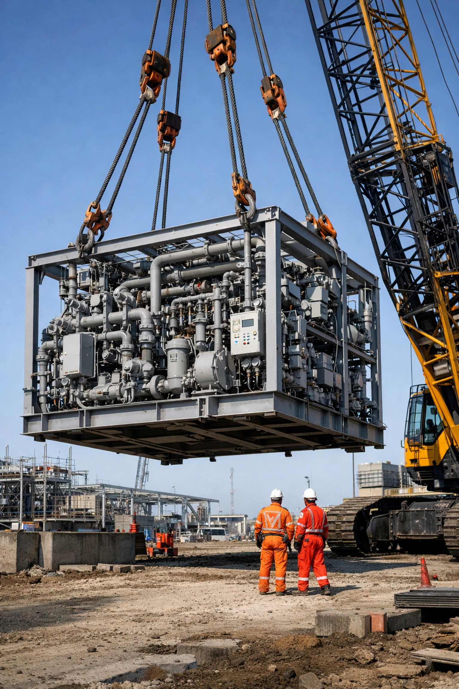 Heavy crane lifting a pre-fabricated modular pump skid at an industrial plant construction site.