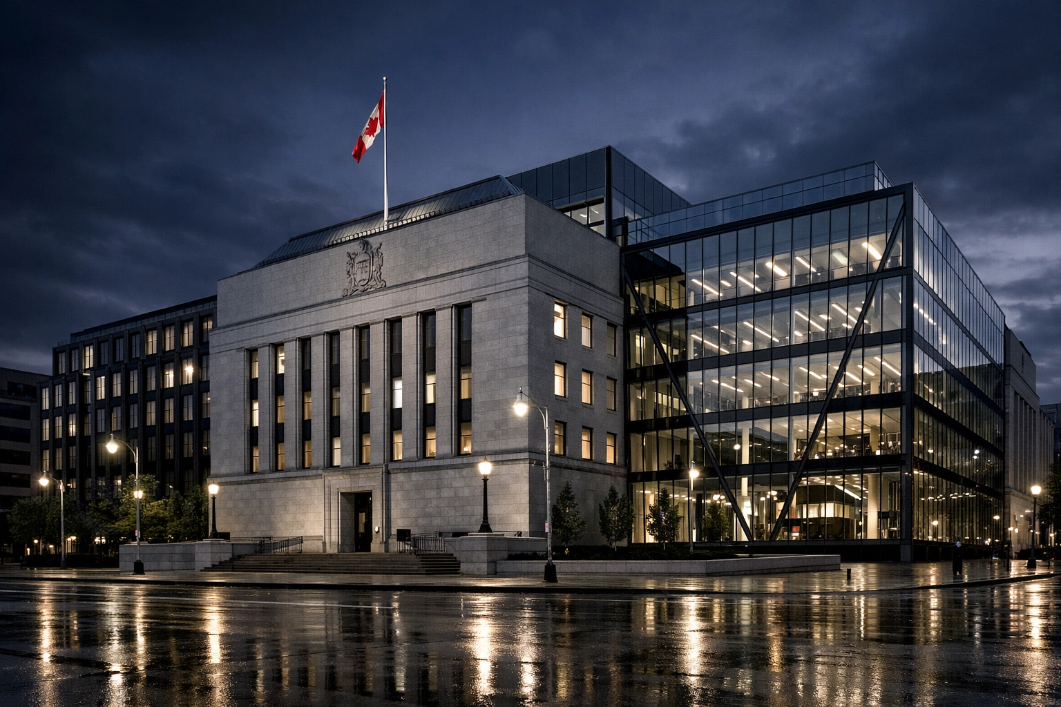 The Bank of Canada headquarters in Ottawa at dusk, symbolizing national monetary policy.
