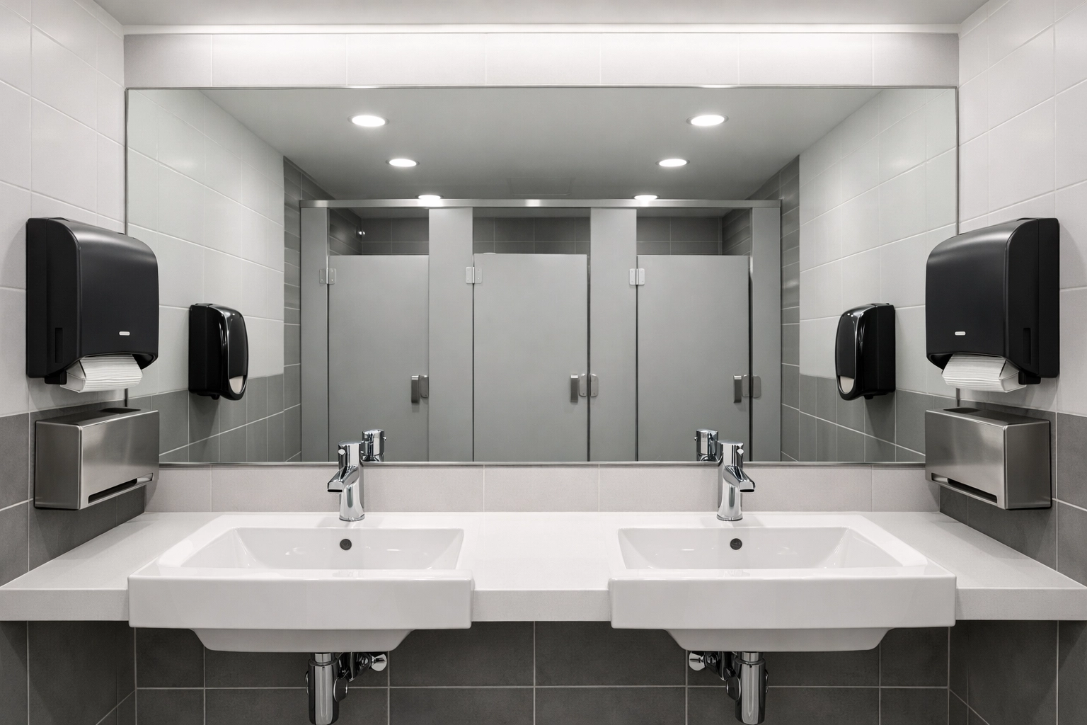 Clean office restroom with fully stocked supplies demonstrating quality cleaning standards