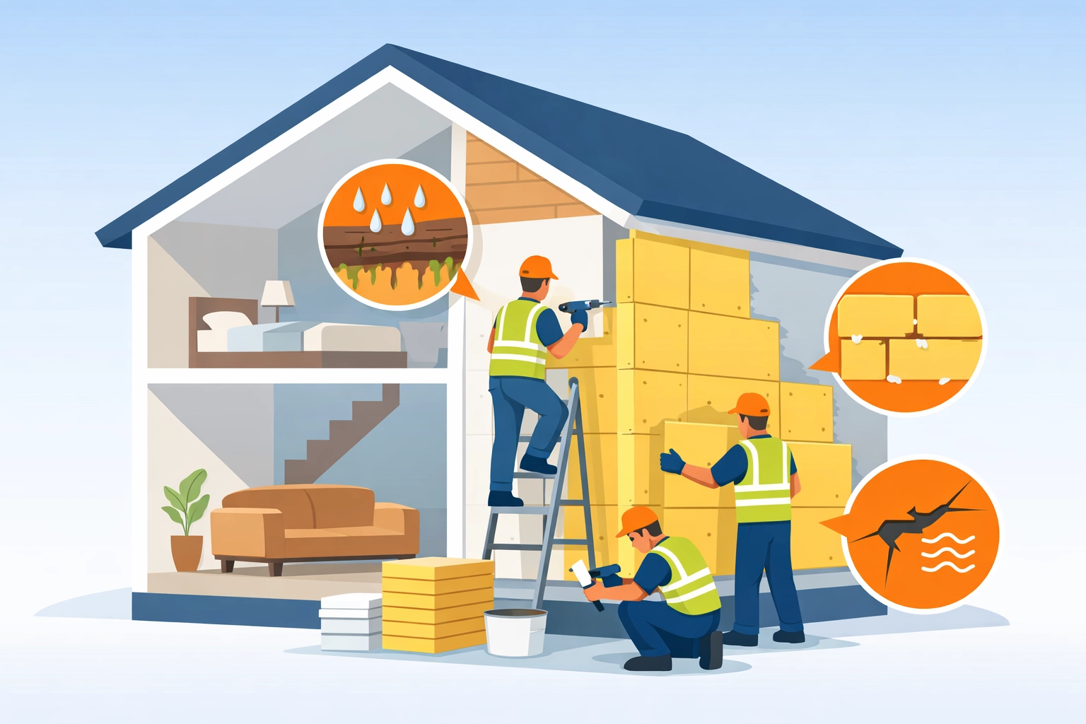 Workers installing external wall insulation showing common quality problems in UK homes