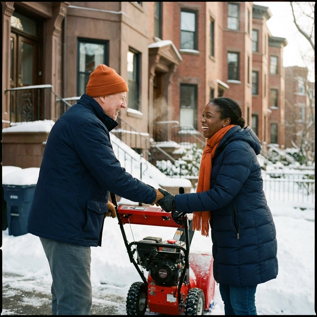 Two Boston neighbors in winter coats share a snow blower in a snowy driveway, highlighting community sharing.